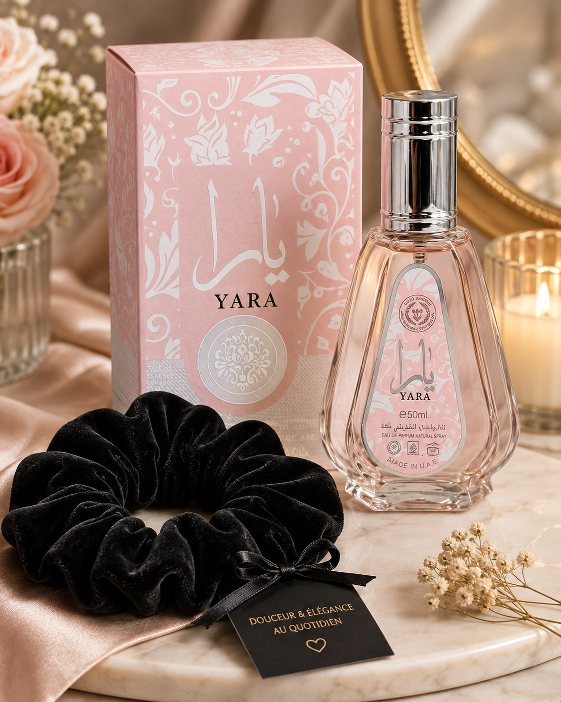 Coffret Yara Rose Lattafa 50ml avec chouchou velours noir et carte message