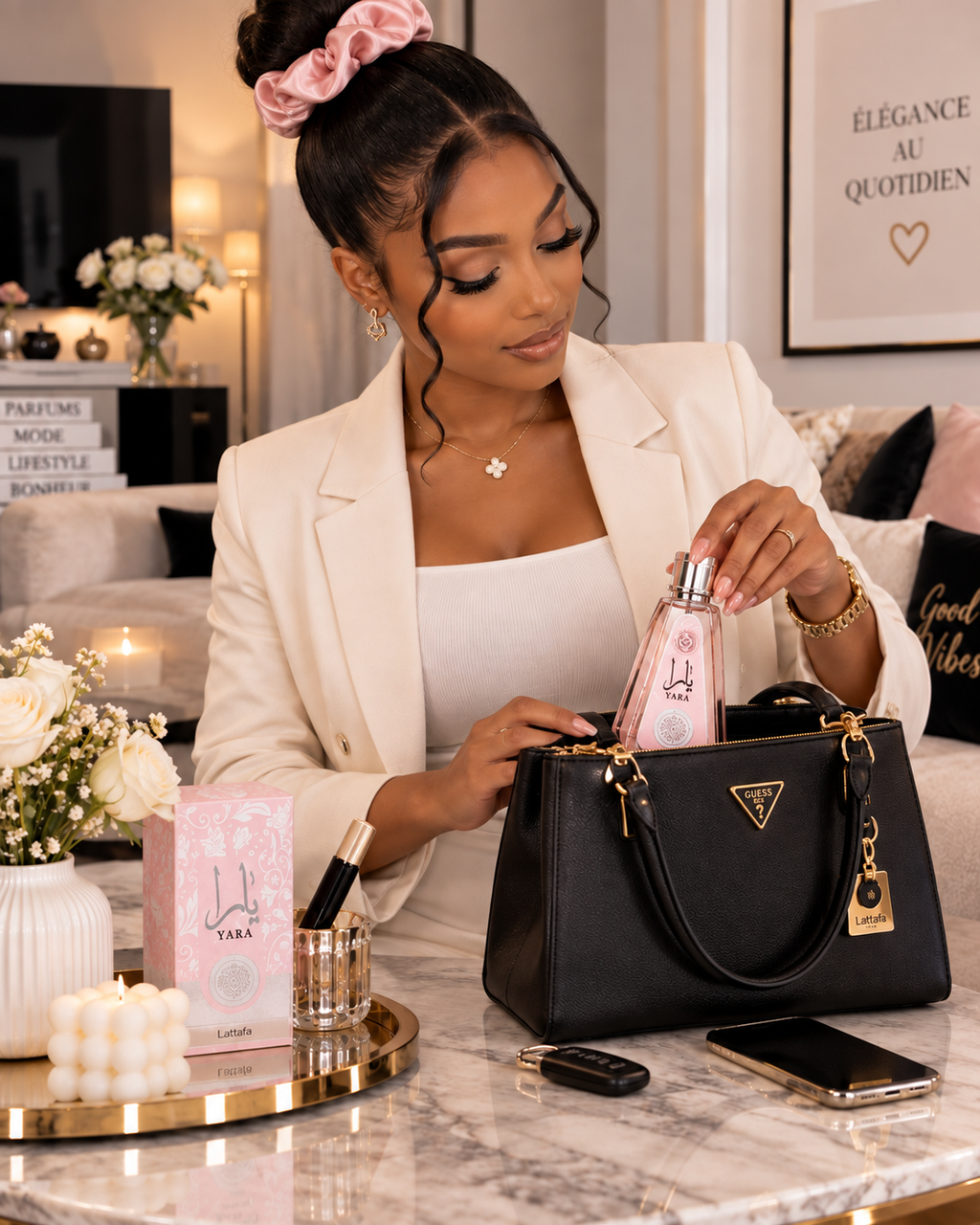 Coffret Cadeau Yara Rose Lattafa 50ml + Chouchou au choix – Satin Rose ou Velours Noir